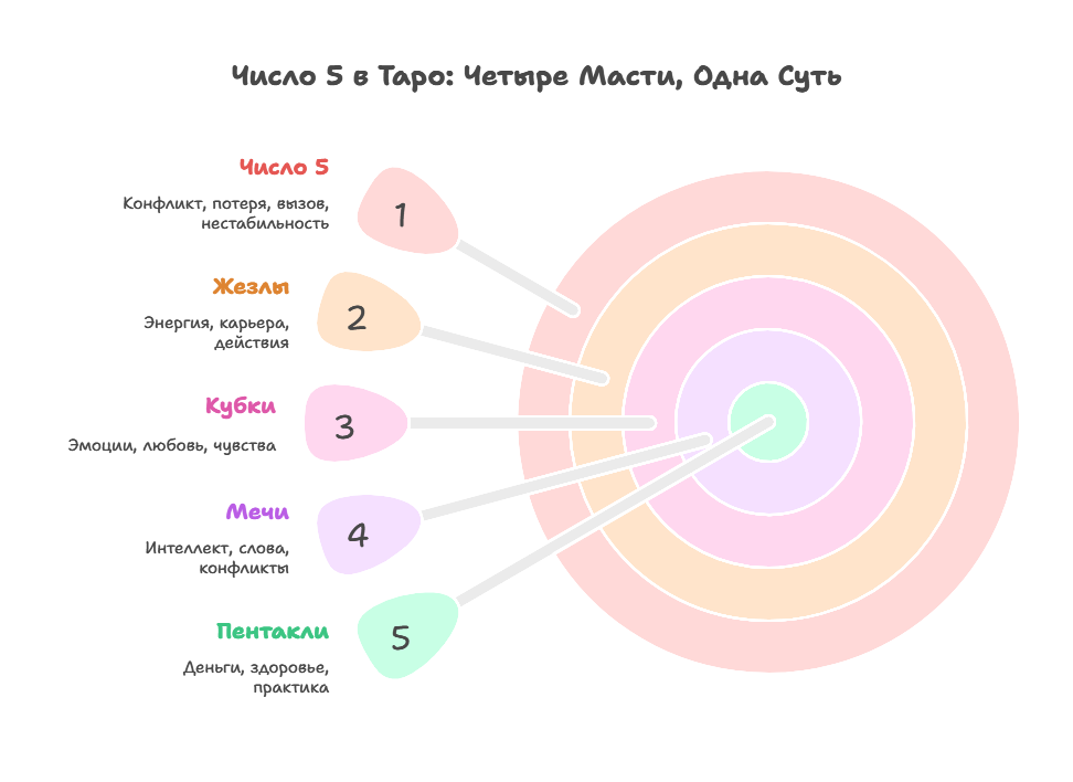 Интерпретация карт таро - сравнение значения числа 5 в мастях жезлов, кубков, мечей и пентаклей.