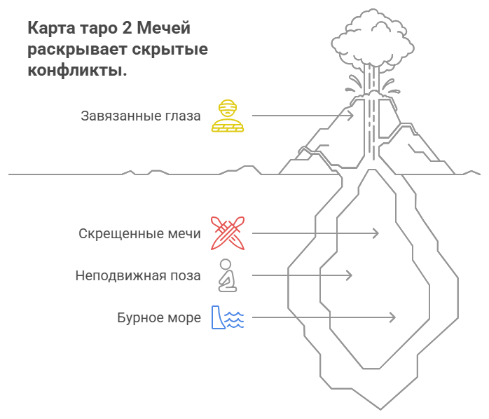 Подробное значение карты таро 2 Мечей по Уэйту с примерами трактовки для разных вопросов.