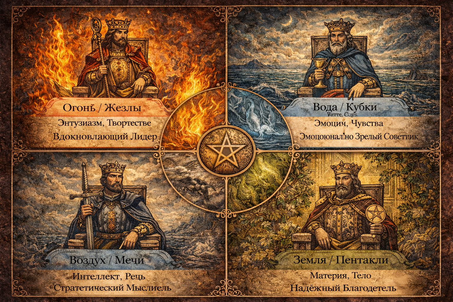 значение четырех королей таро - схема стихий и характеристик карт жезлов, кубков, мечей, пентаклей