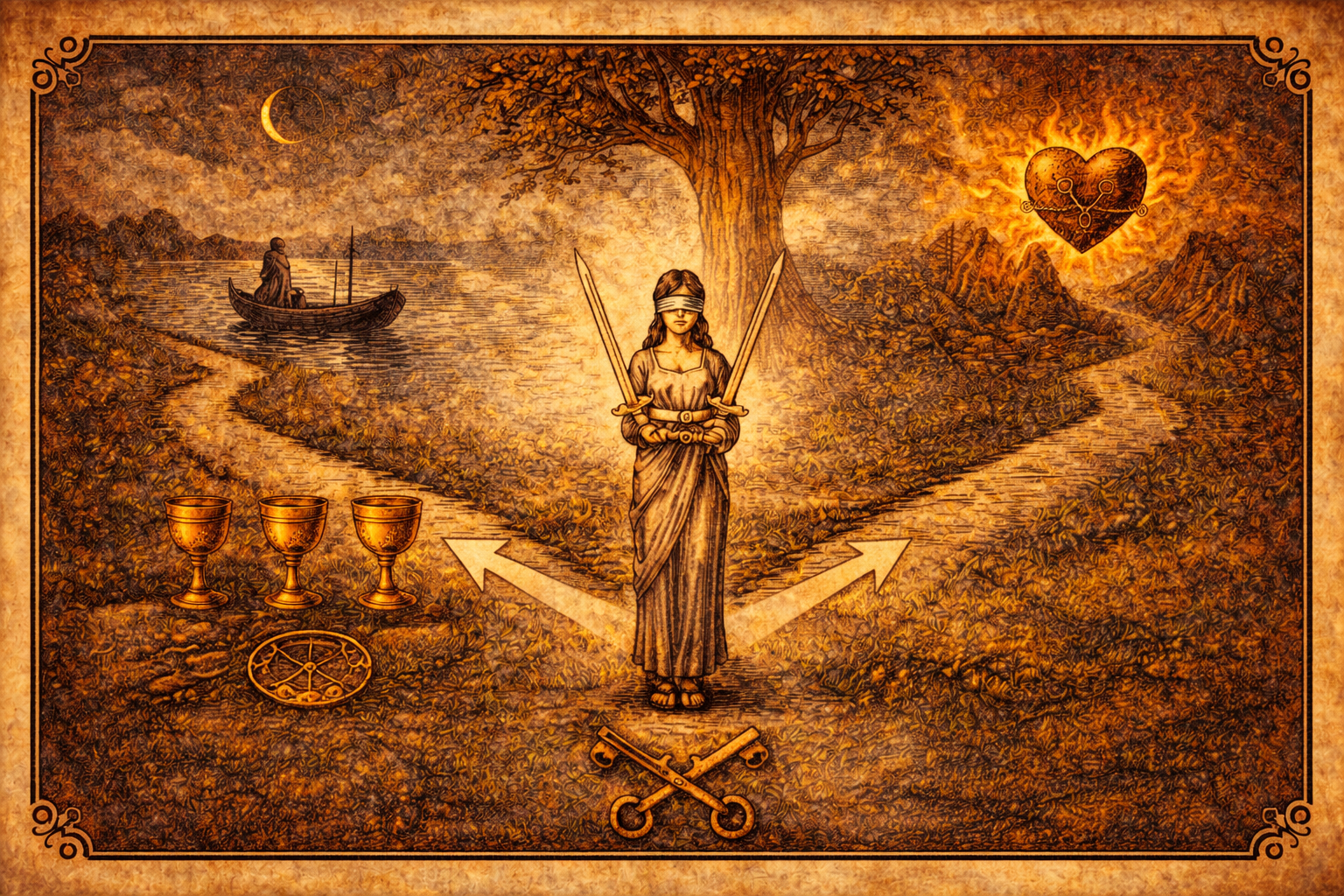 Глубокое толкование карты Четверка Кубков в Таро: значение паузы, апатии и нового дара.