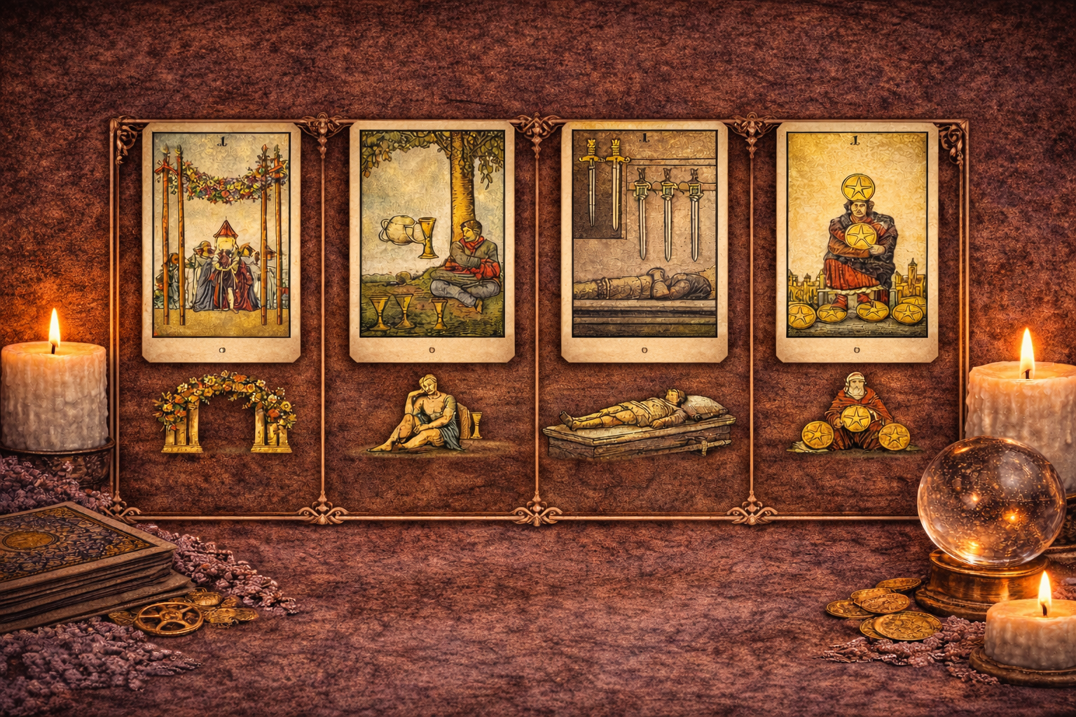 Сравнение значений Четверок в Таро: жезлы, кубки, мечи, пентакли как столпы стабильности.