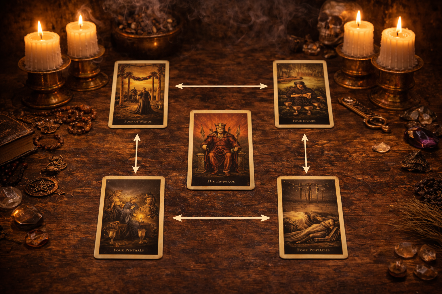 Расклад Таро на стабильность Четыре угла фундамента с использованием Четверок жезлов, кубков, мечей, пентаклей.