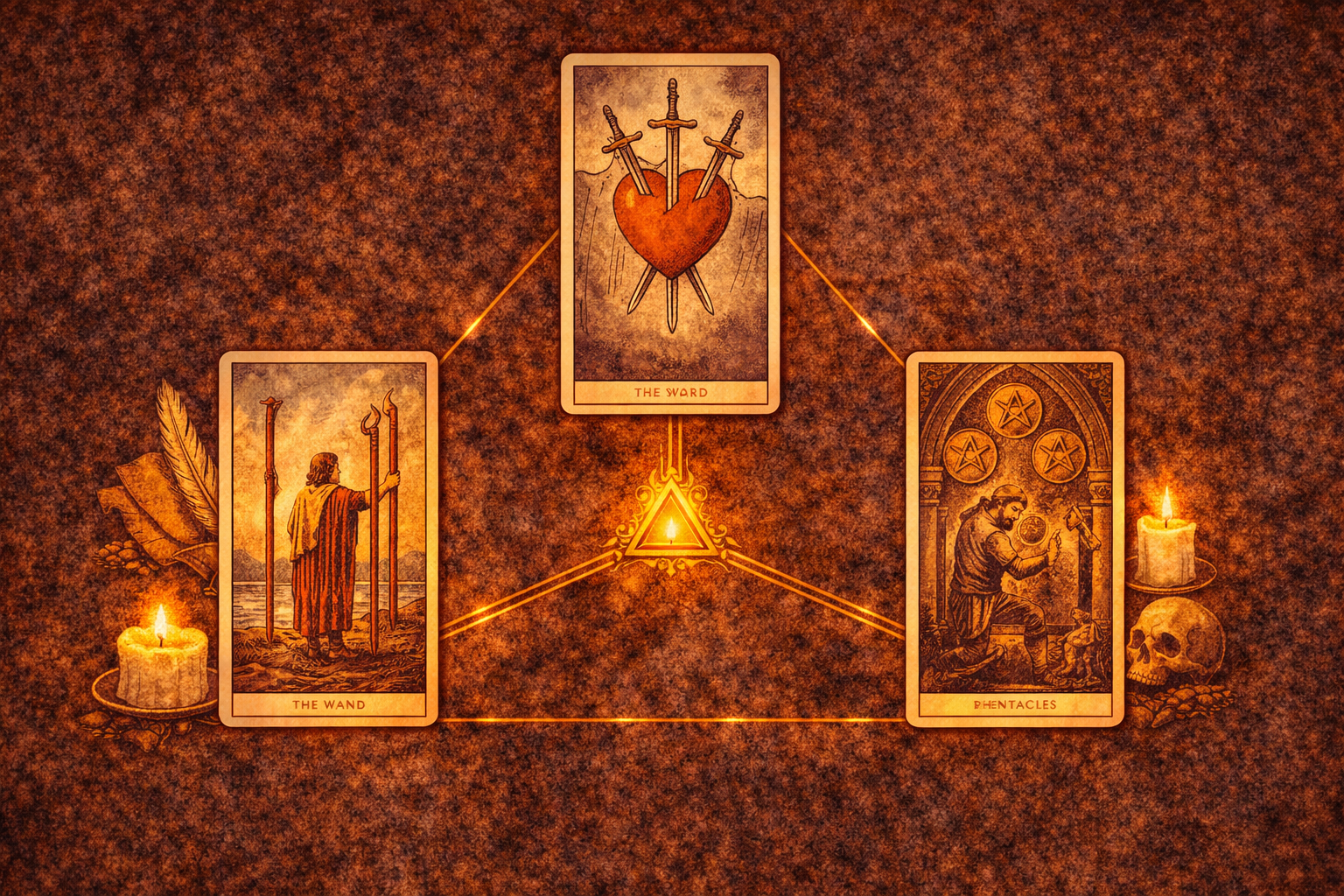 Сравнение значения карт Тройка Жезлов, Тройка Мечей и Тройка Пентаклей в Таро.