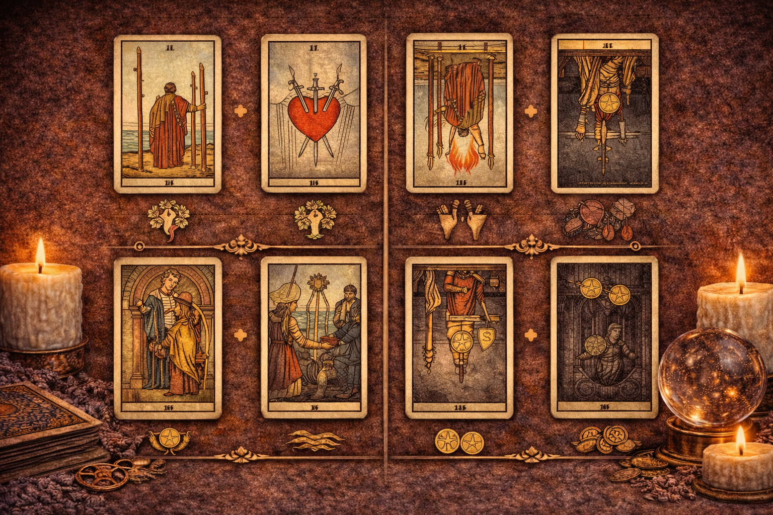 Толкование карт Тройка Жезлов, Мечей и Пентаклей в прямом и перевернутом положении.