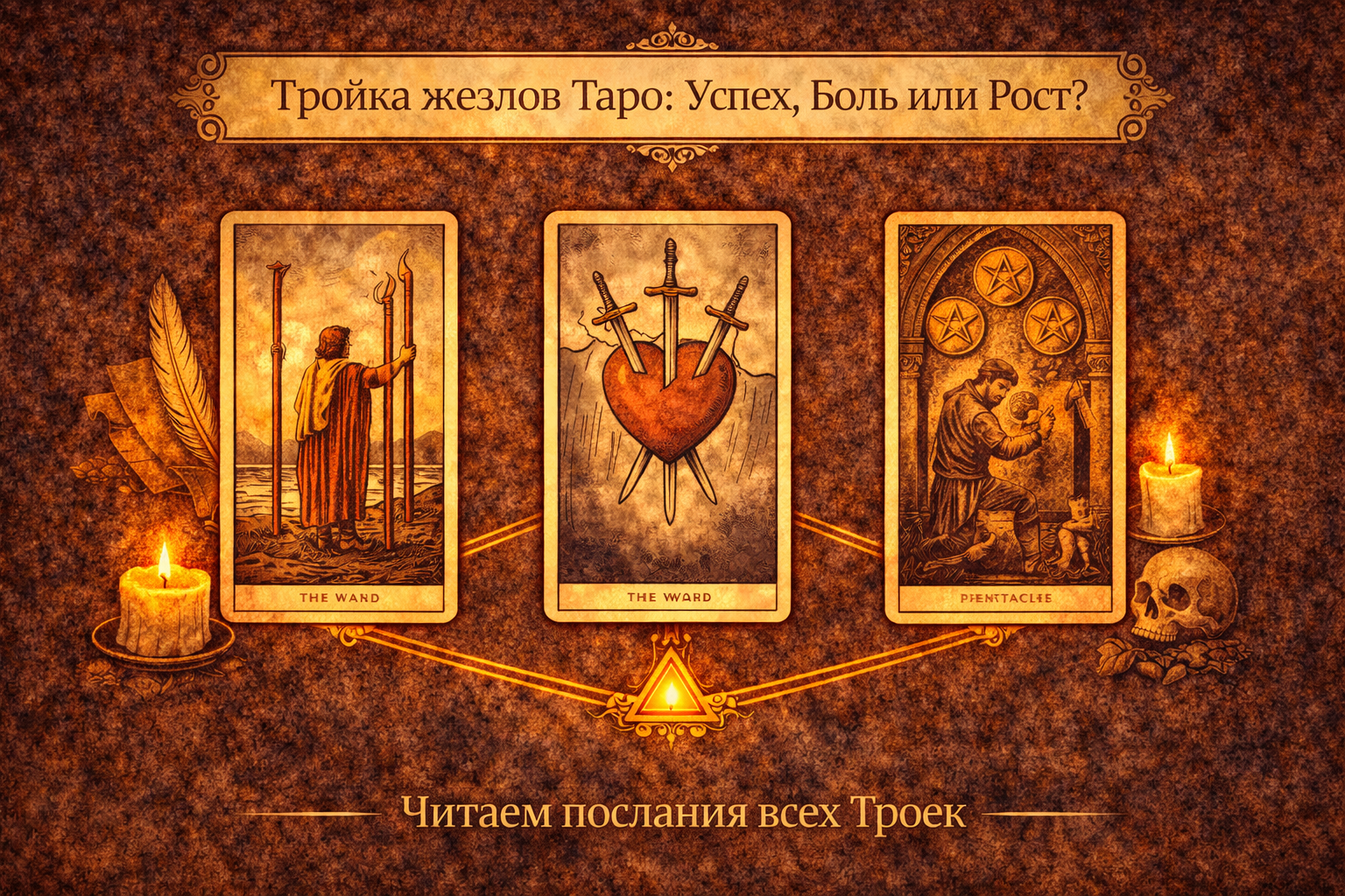 Расклад Таро на рост и развитие Три точки роста с использованием Тройки Жезлов, Мечей и Пентаклей.