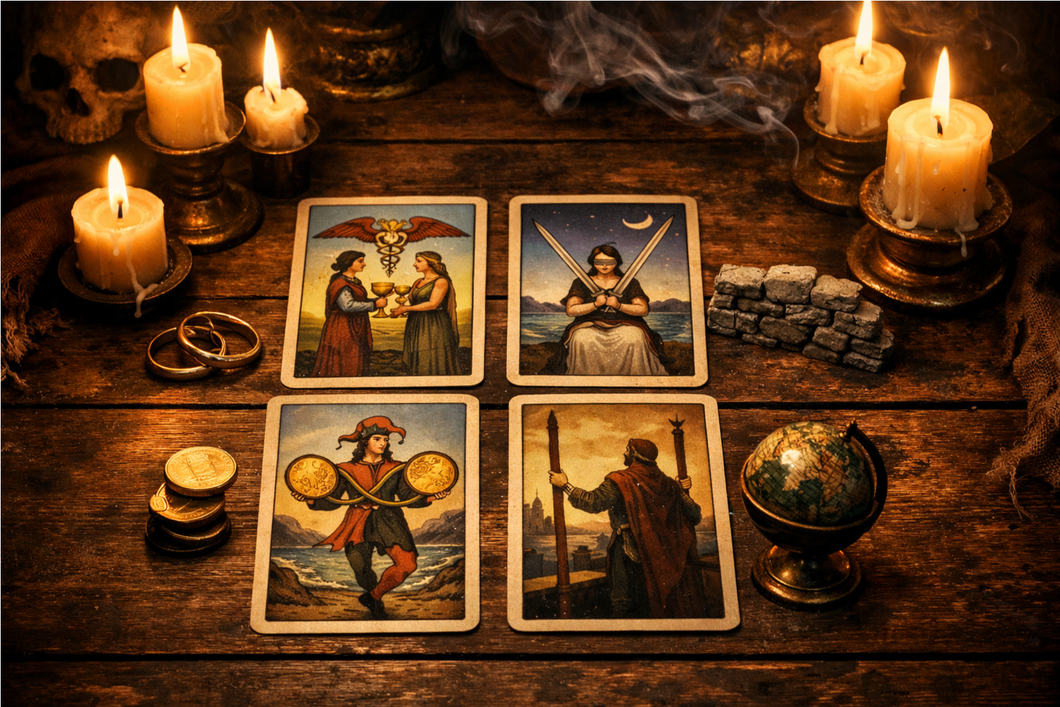 Толкование карт Двойка Кубков и Двойка Мечей в Таро в контексте любви и отношений.