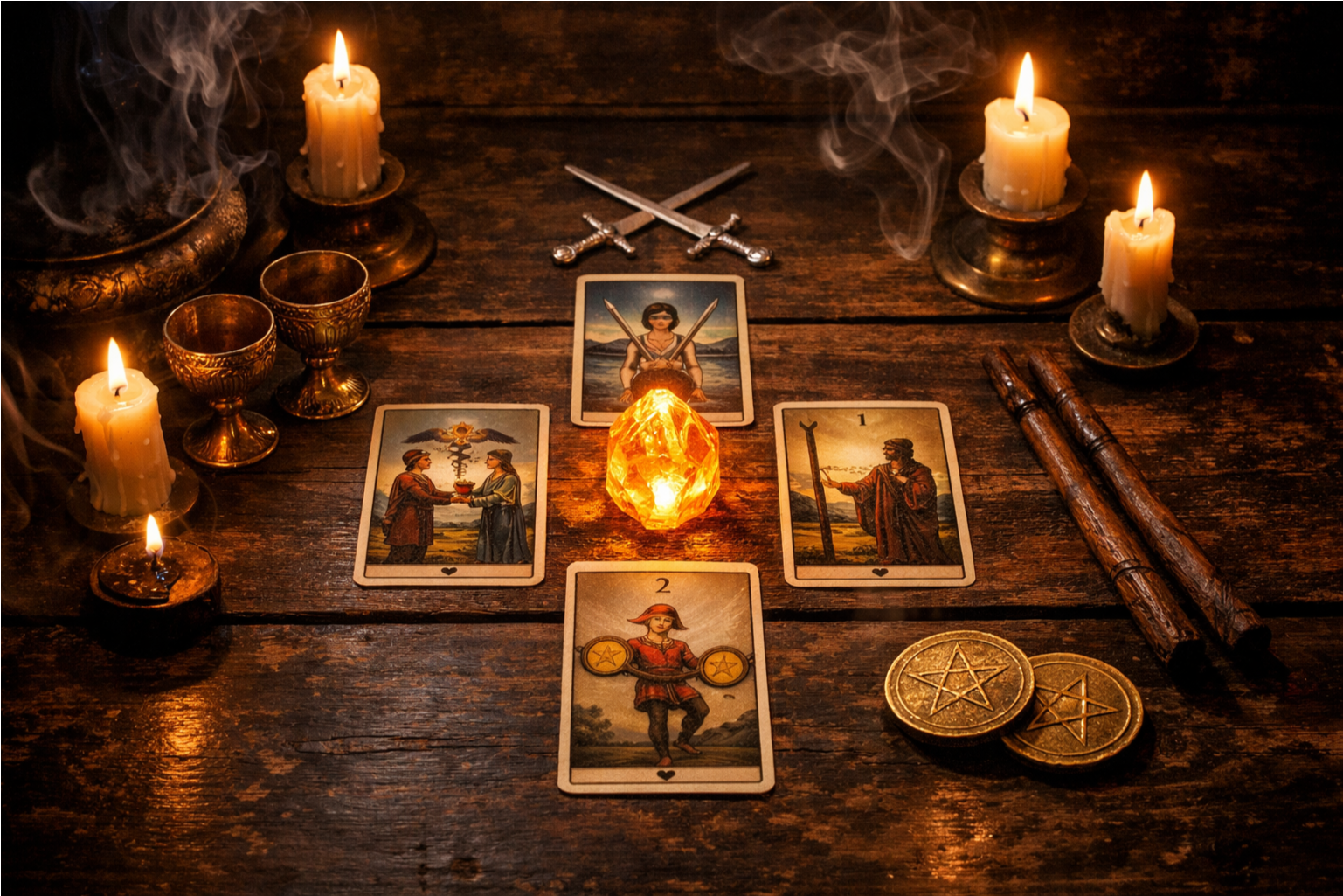 Сравнение и значение карт Двойка Мечей, Кубков, Жезлов и Пентаклей в Таро.