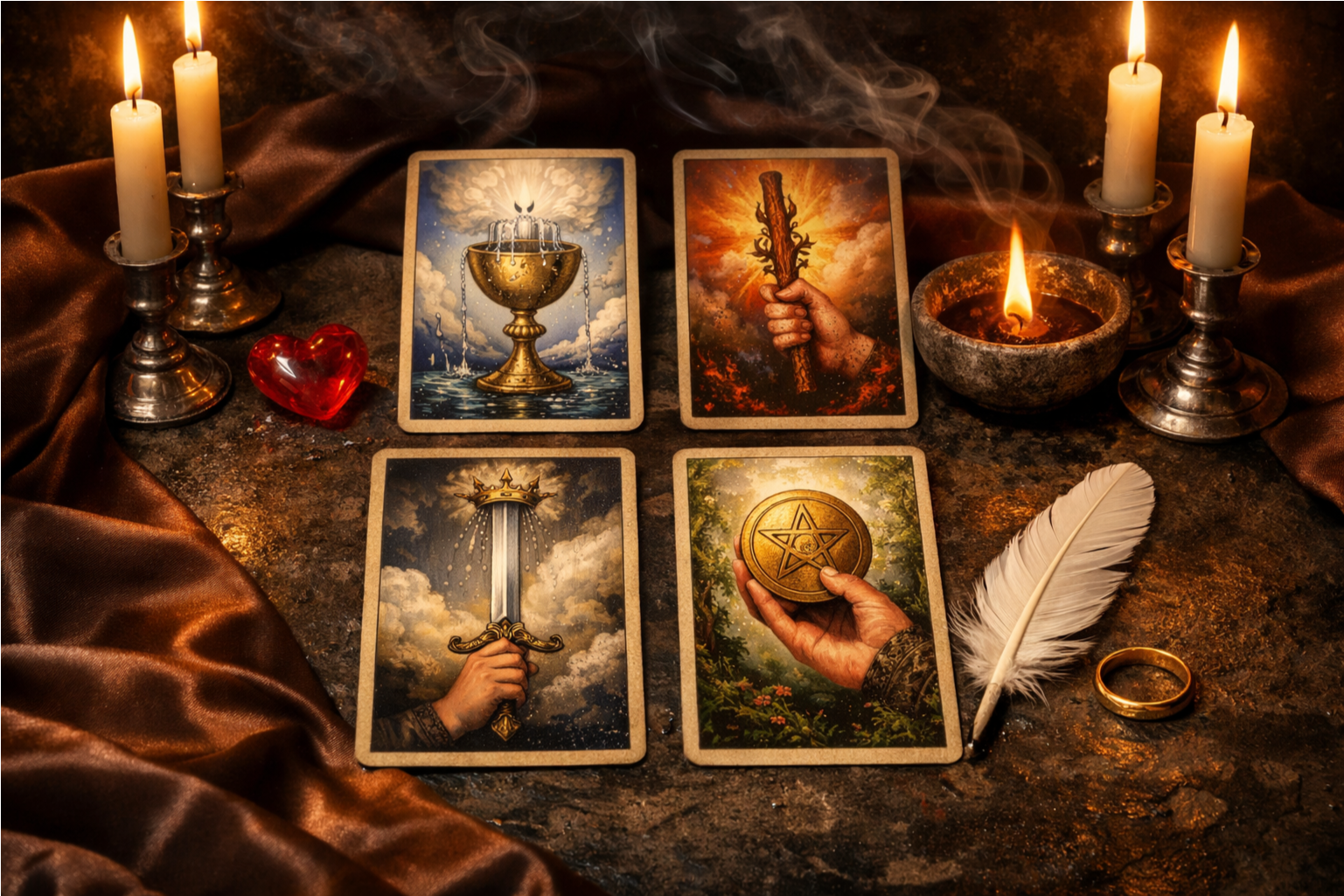 Толкование Тузов Кубков, Жезлов, Мечей и Пентаклей в Таро в контексте любви и отношений.