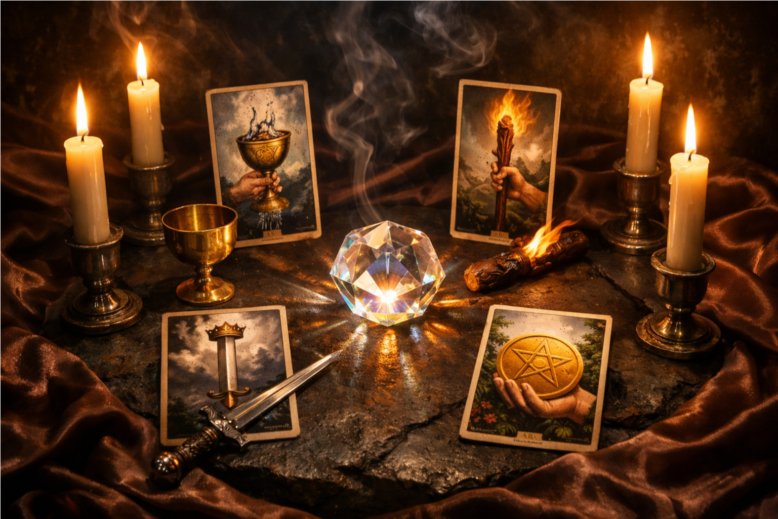 Расклад Таро на новые возможности Четыре дара с использованием Тузов Кубков, Жезлов, Мечей, Пентаклей.