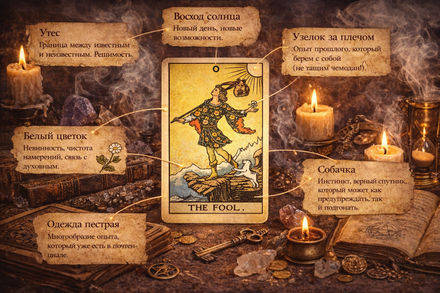 Символика и детали карты Шут (Дурак) в Таро: значение элементов.