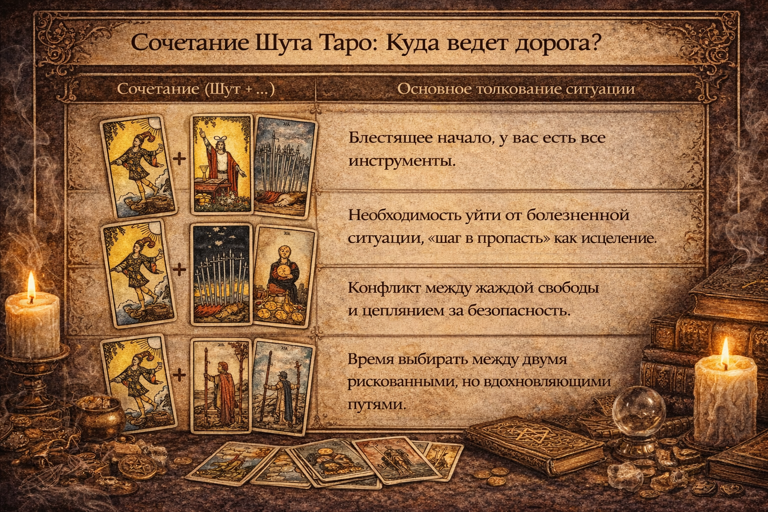 Таблица сочетаний карты Шут в Таро с другими арканами: толкование в раскладе.