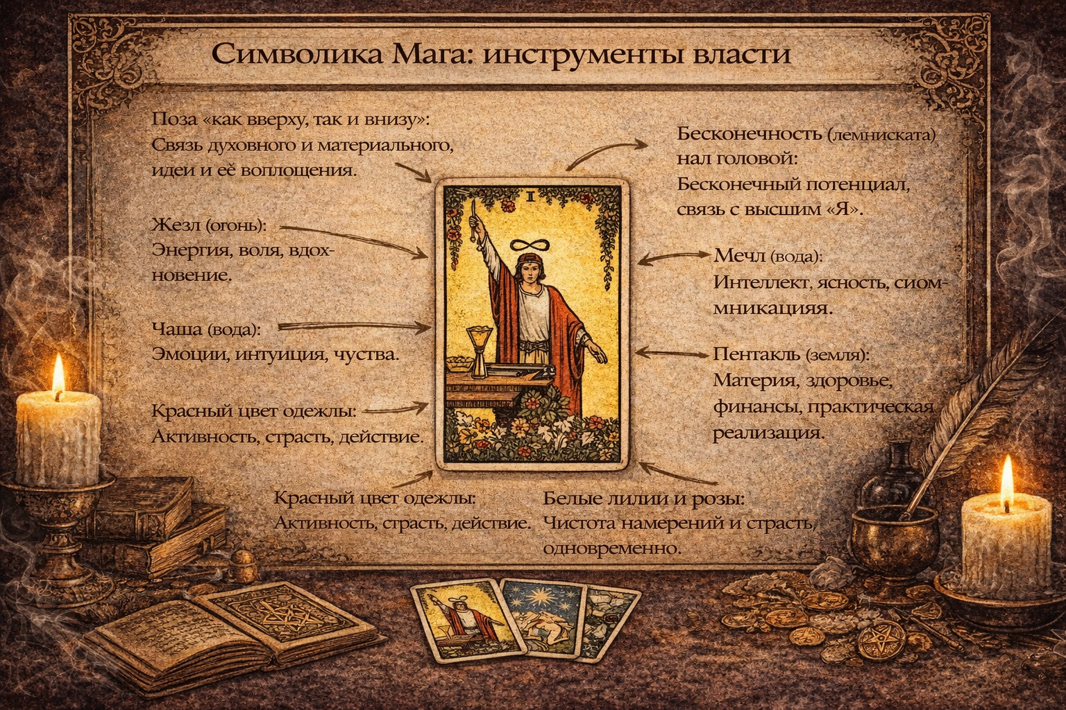 Символика и детали карты Маг в Таро: значение инструментов и позы.