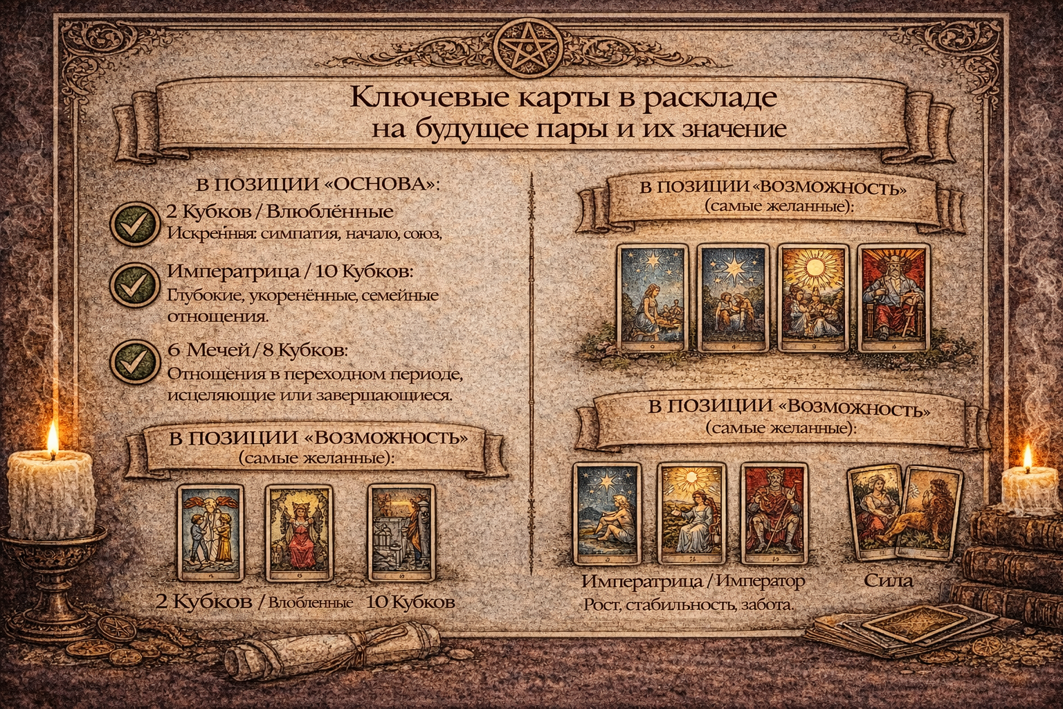 Будут ли отношения таро схема - ключевые карты для толкования расклада.