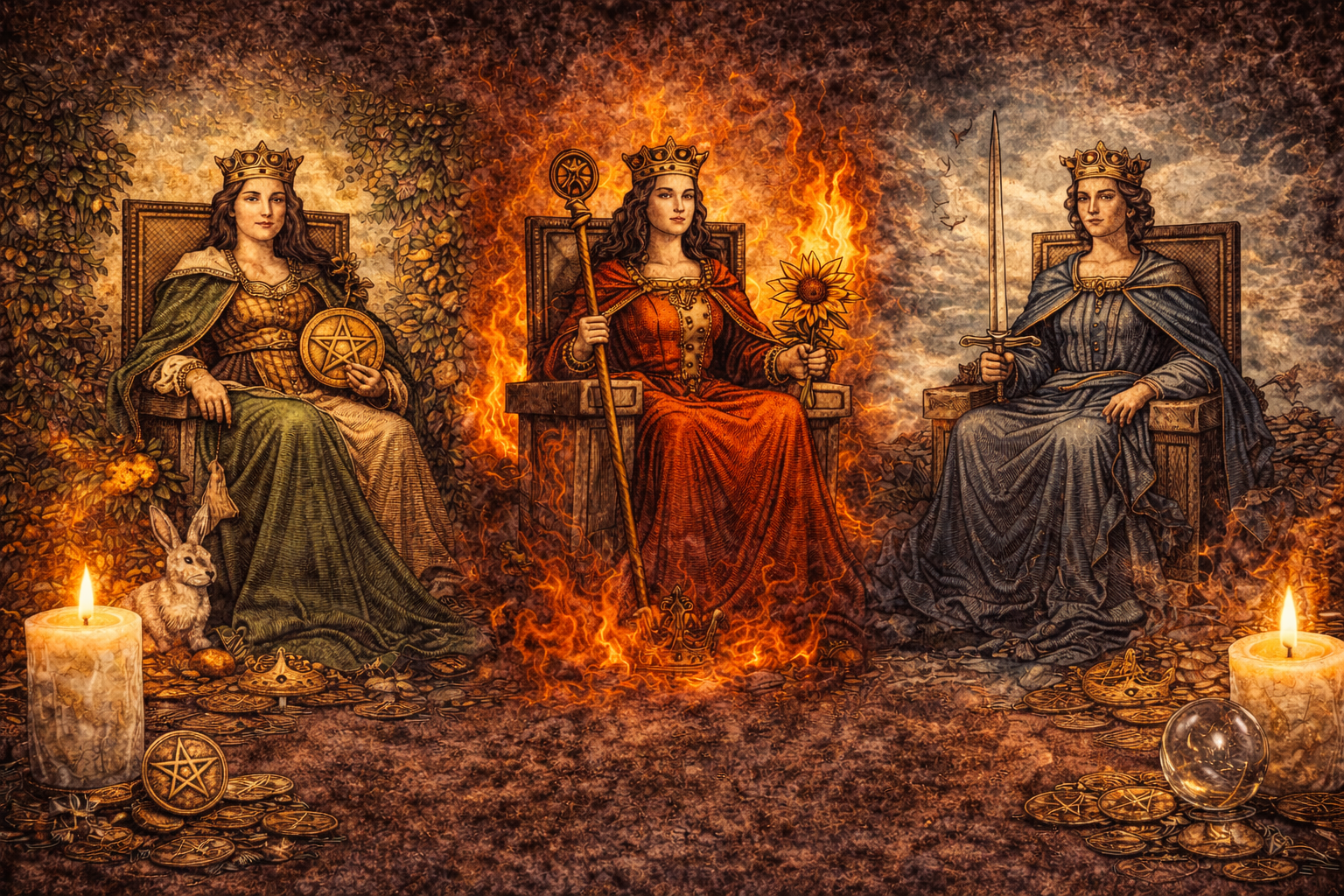 значение королев таро пентаклей, жезлов, мечей - схема женских архетипов власти.