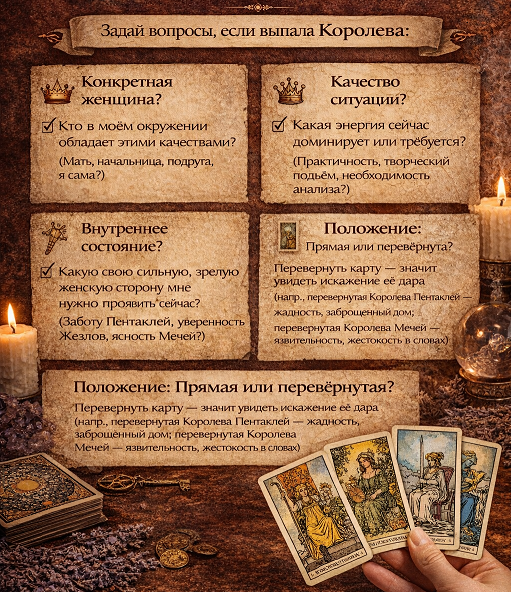 как толковать королев таро в раскладе - чек-лист для определения значения дам жезлов, пентаклей, мечей.
