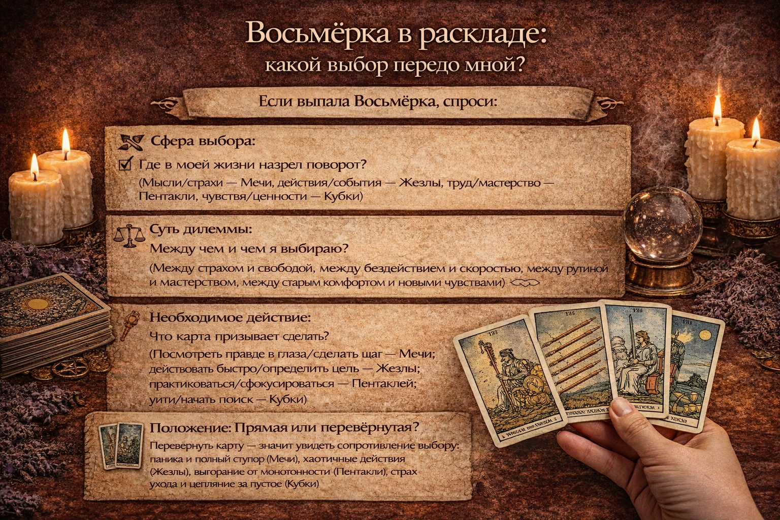 как толковать восьмерки таро в раскладе - чек-лист для определения значения карты выбора и движения.