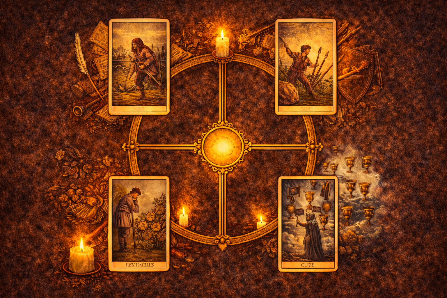 значение семерок таро - схема карт внутреннего испытания и оценки мечей, пентаклей, кубков, жезлов.
