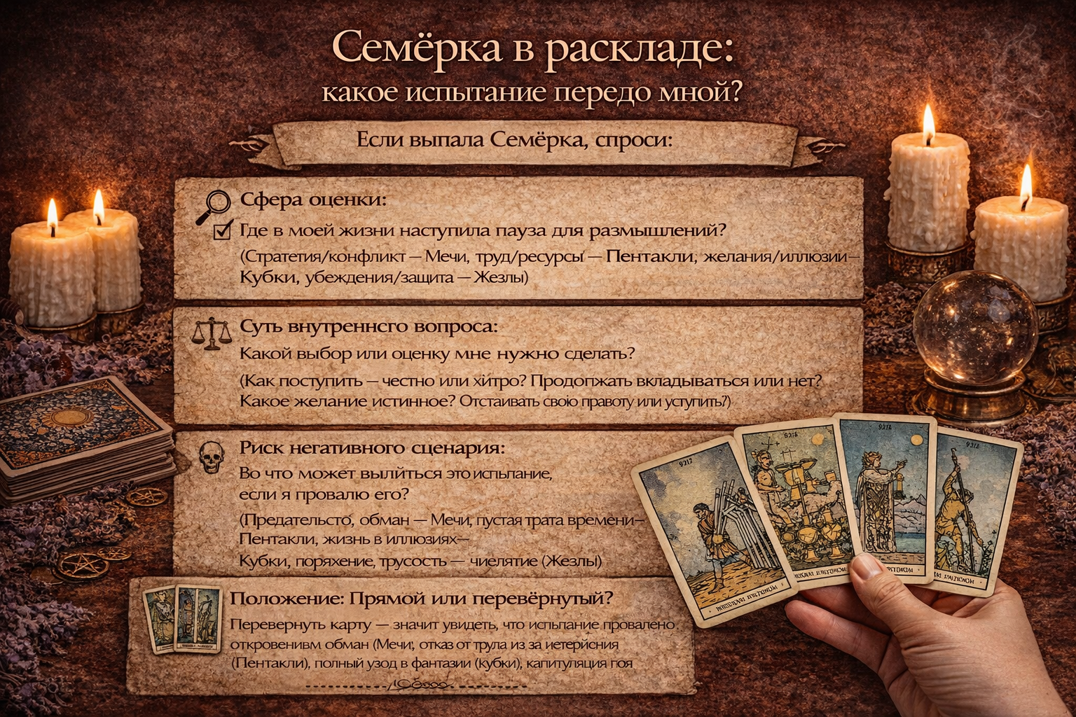 как толковать семерки таро в раскладе - чек-лист для понимания внутреннего испытания и выбора.