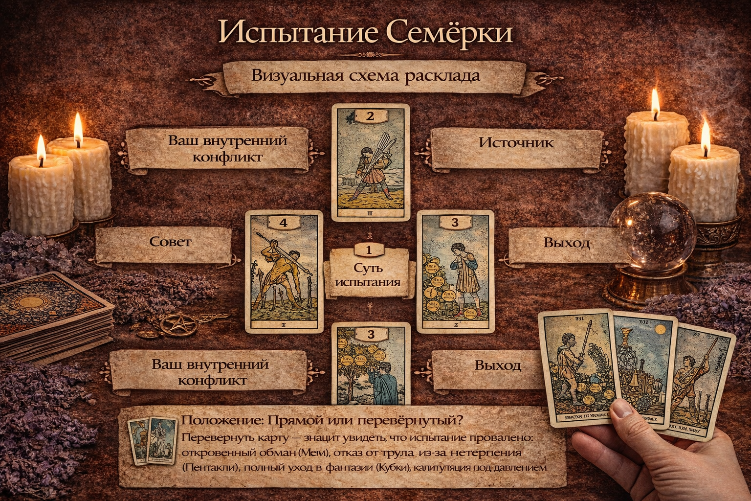 расклад таро испытание семерки - схема для анализа внутреннего кризиса и поиска выхода.