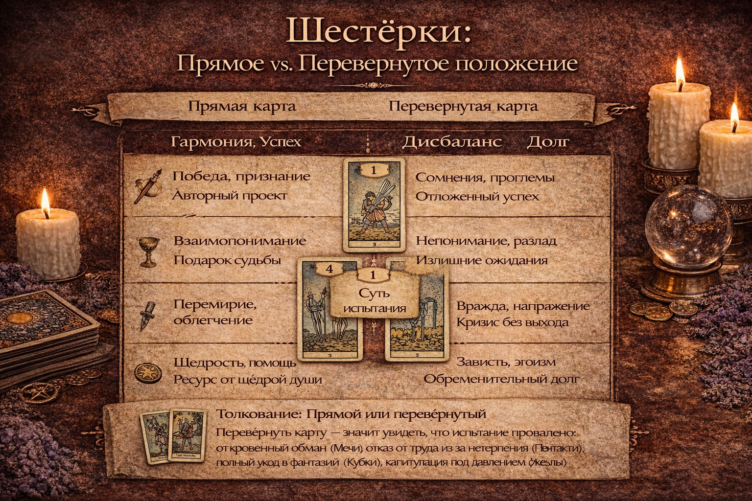 Толкование Шестерок Таро в прямом и перевернутом положении: жезлы, кубки, мечи, пентакли.