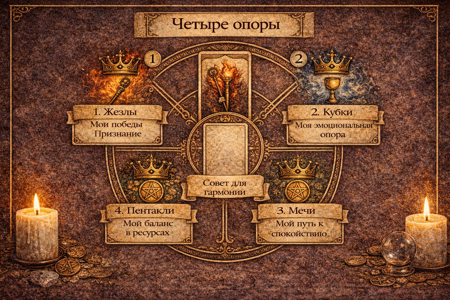 Расклад Таро на баланс Четыре опоры с использованием шестерок жезлов, кубки, мечей, пентаклей.