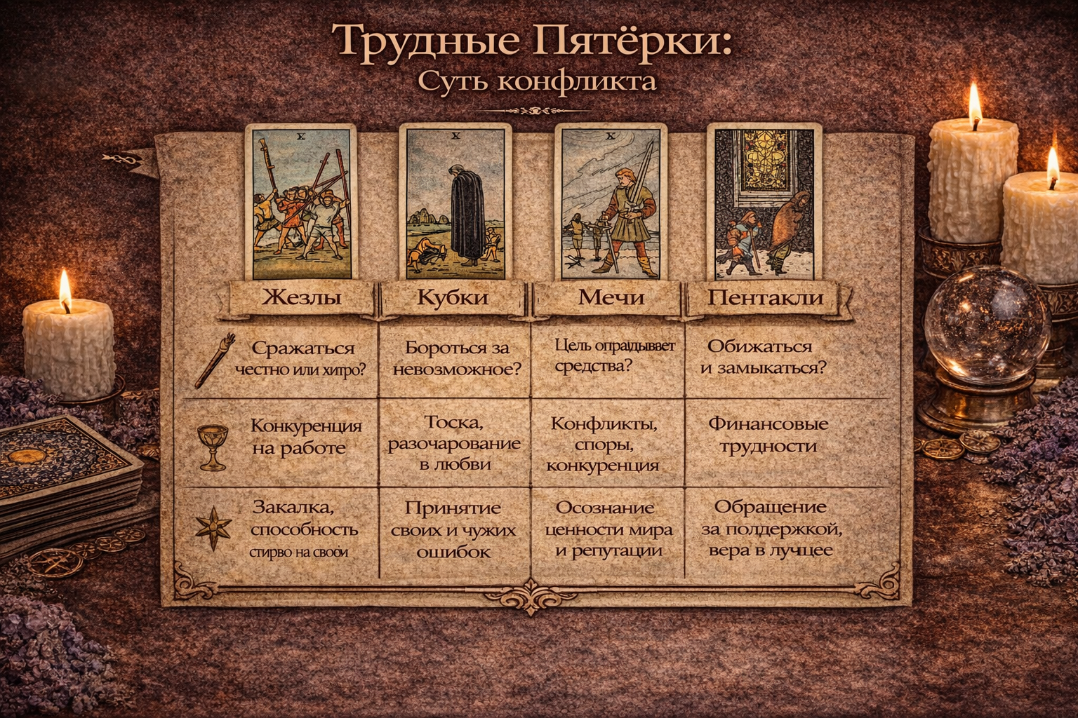 Толкование и сравнение карт Пятерка Мечей, Кубков, Жезлов и Пентаклей в Таро.