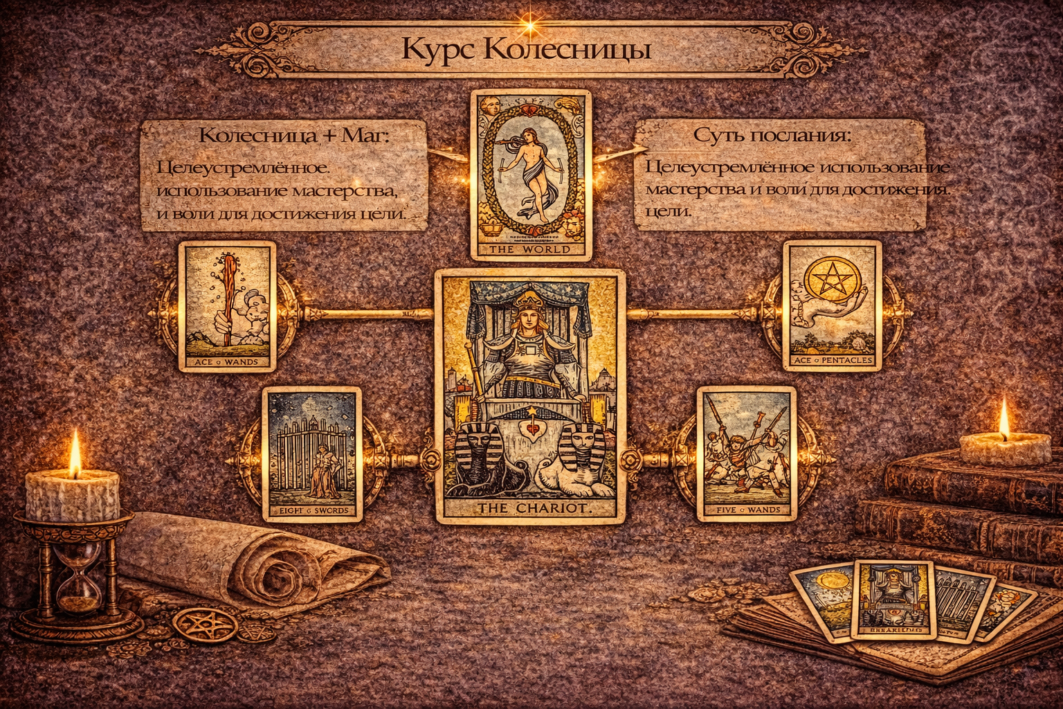 Расклад Таро Курс Колесницы для достижения целей, управления ситуацией и концентрации воли.