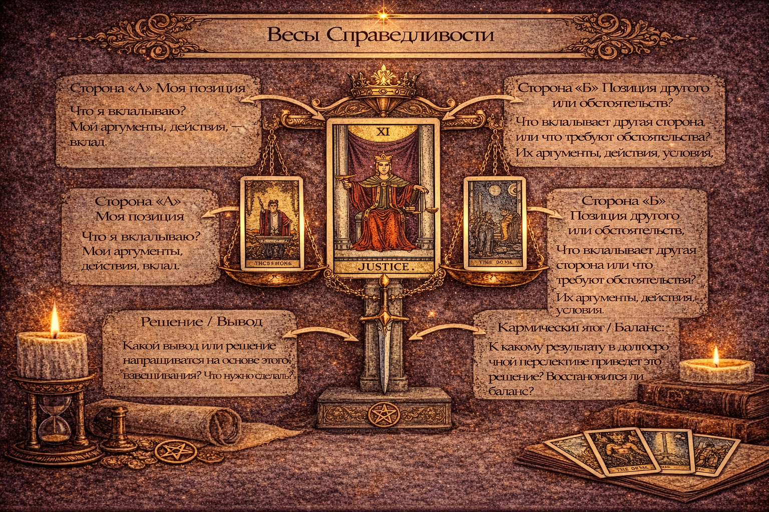 Расклад Таро Весы Справедливости для оценки ситуации, разрешения конфликтов и принятия справедливых решений.