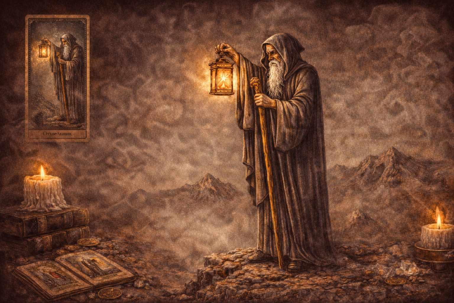 Символика и прямое значение карты Таро Отшельник: фонарь, посох, горы.