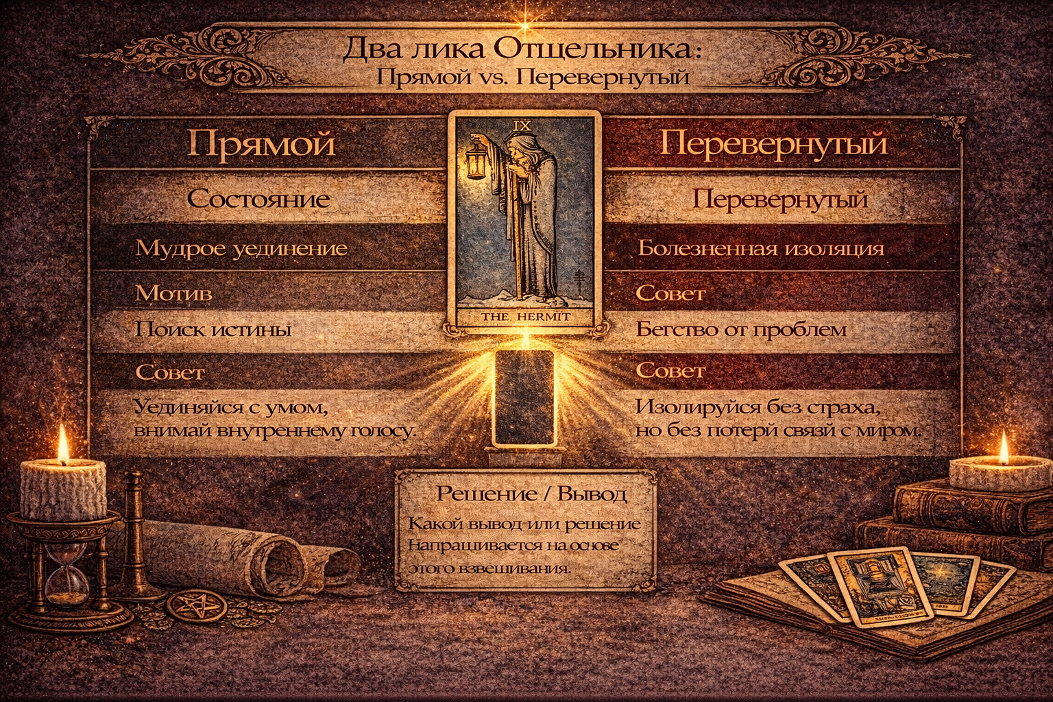 Толкование перевернутого положения карты Отшельник Таро: сравнение с прямым.