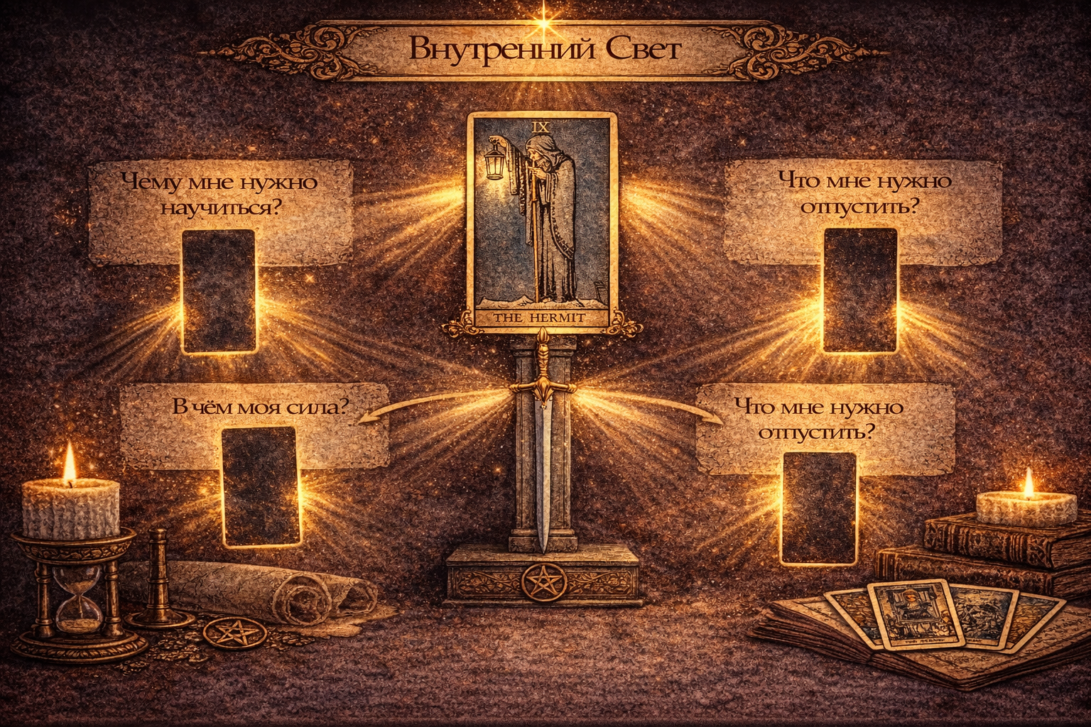 Расклад Таро Внутренний Свет с картой Отшельник для самопознания и поиска ответов.