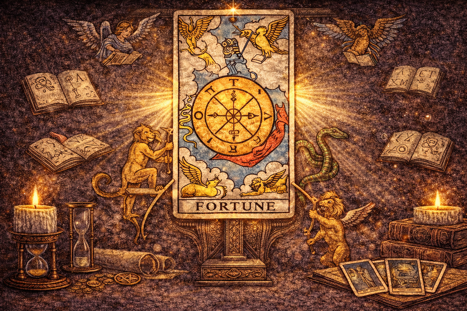 Символика и прямое значение карты Таро Колесо Фортуны: толкование символов вращающегося колеса.