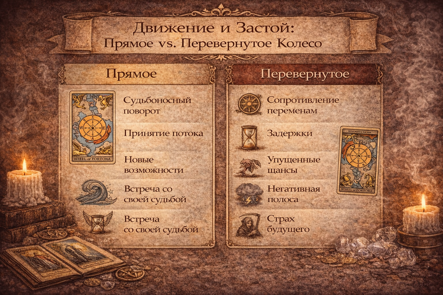 Толкование перевернутого Колеса Фортуны в сравнении с прямым положением карты Таро.