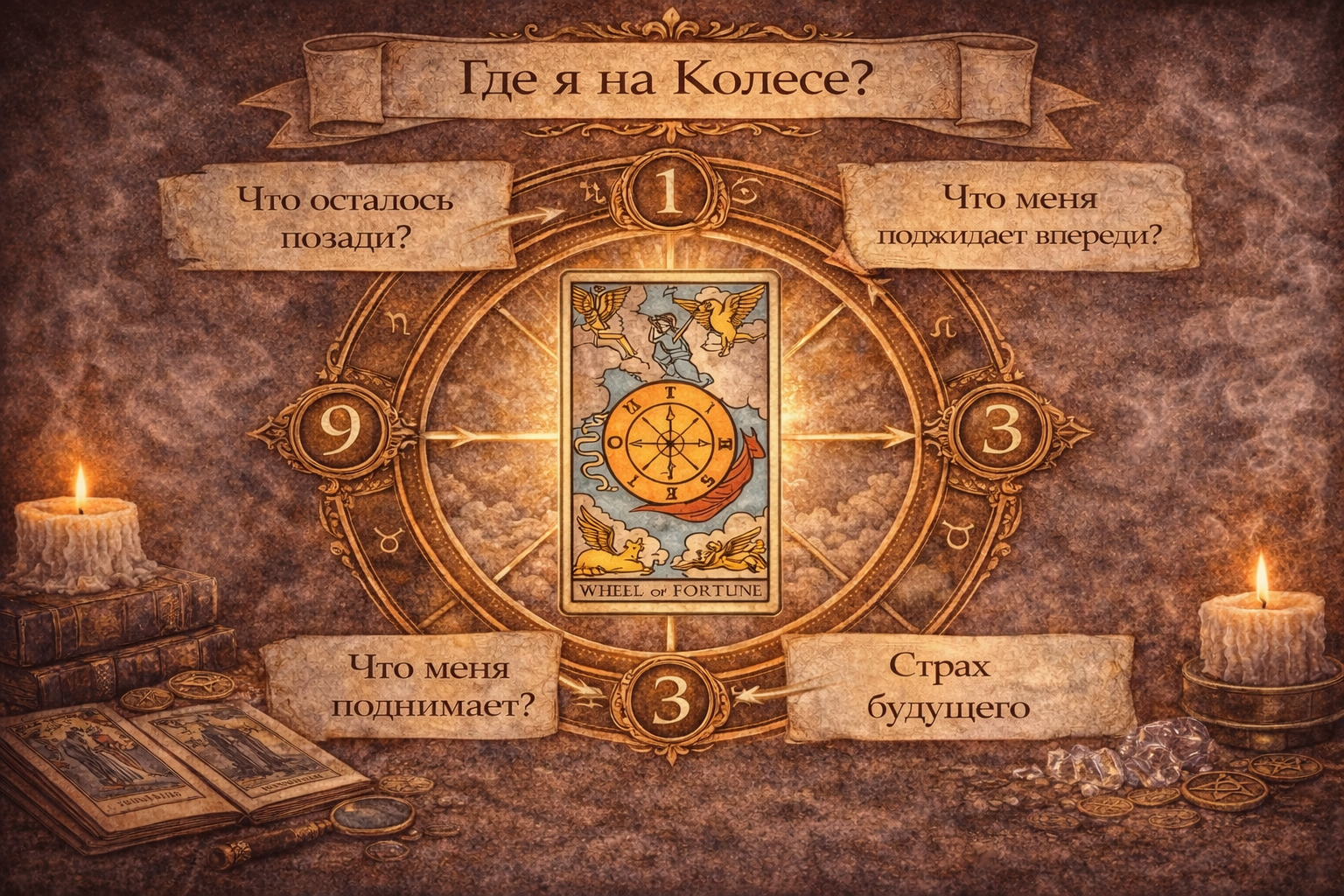 Расклад Таро Где я на Колесе Фортуны для диагностики жизненного цикла и поворотов судьбы.