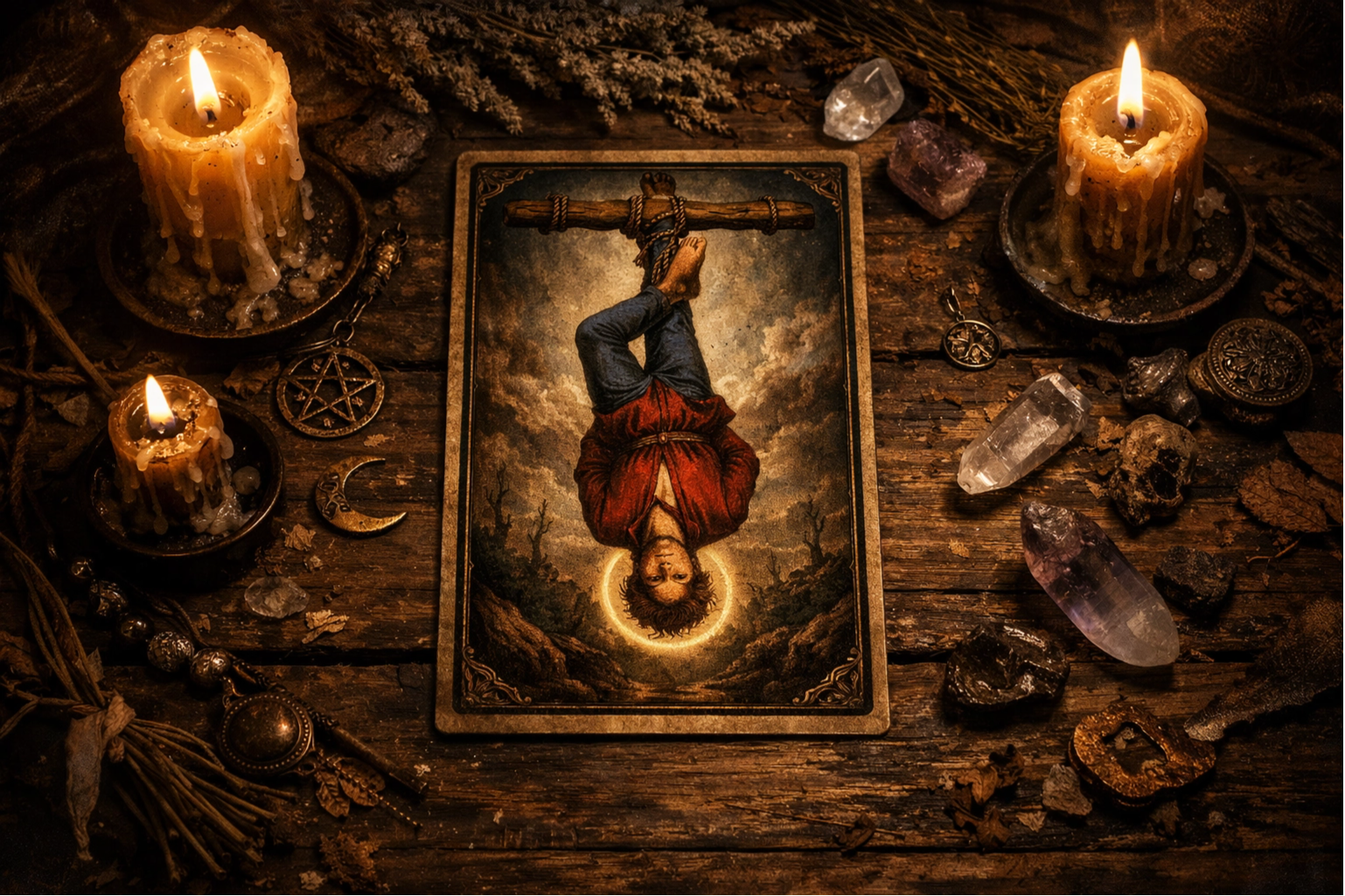 Символика и прямое значение карты Таро Повешенный: толкование позы вниз головой и знаков просветления.