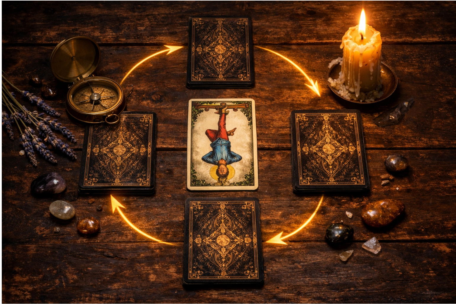 Расклад Таро Новая перспектива с картой Повешенный для выхода из тупика и смены точки зрения.