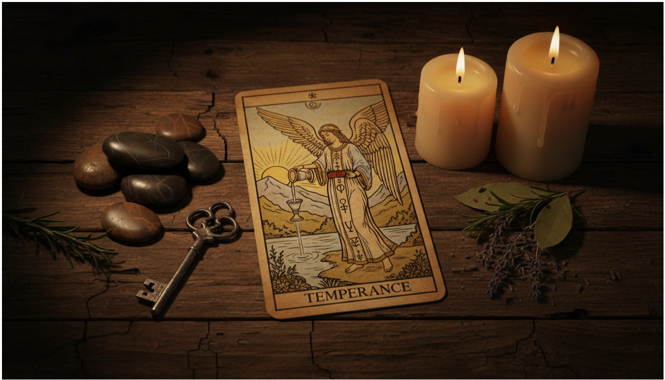 Символика и прямое значение карты Таро Умеренность: толкование ангела, кубков и знаков баланса.