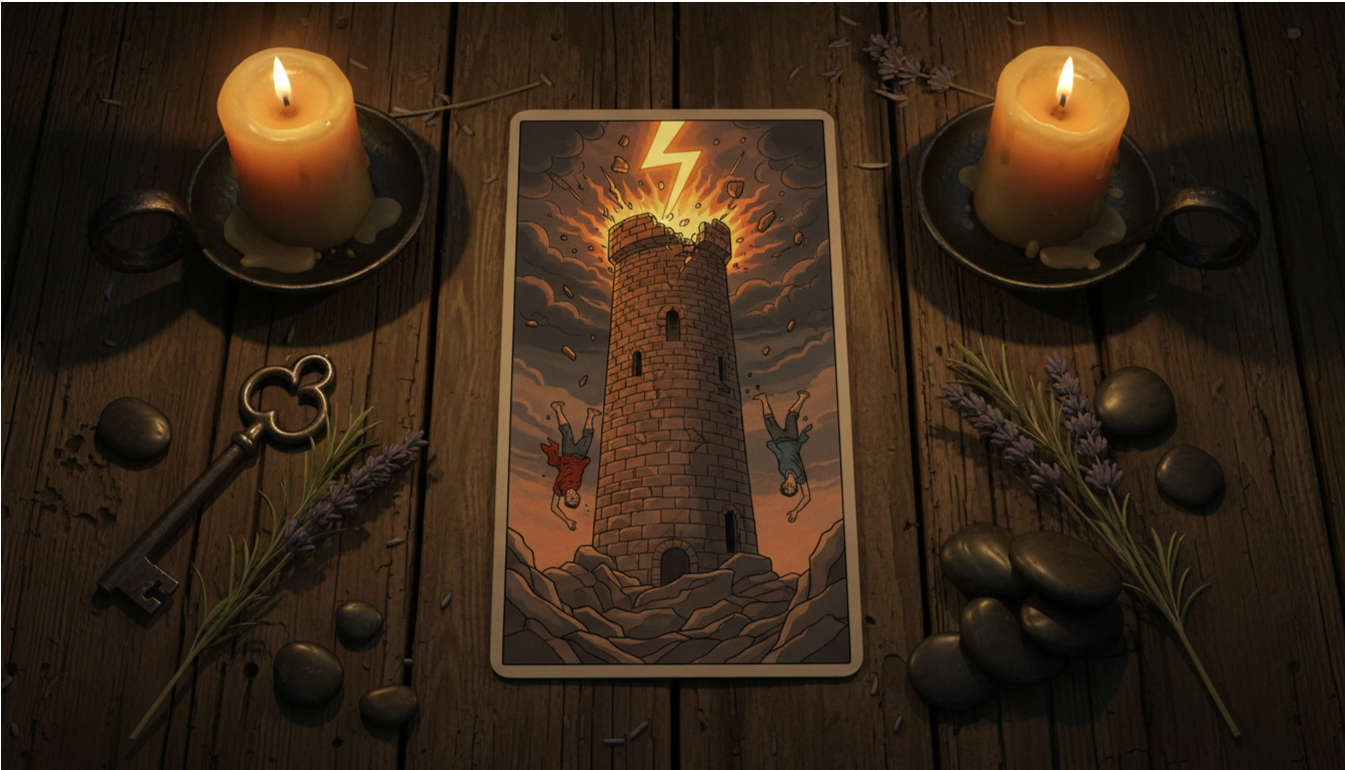 Символика и прямое значение карты Таро Башня: толкование молнии, падающих фигур и знаков разрушения.