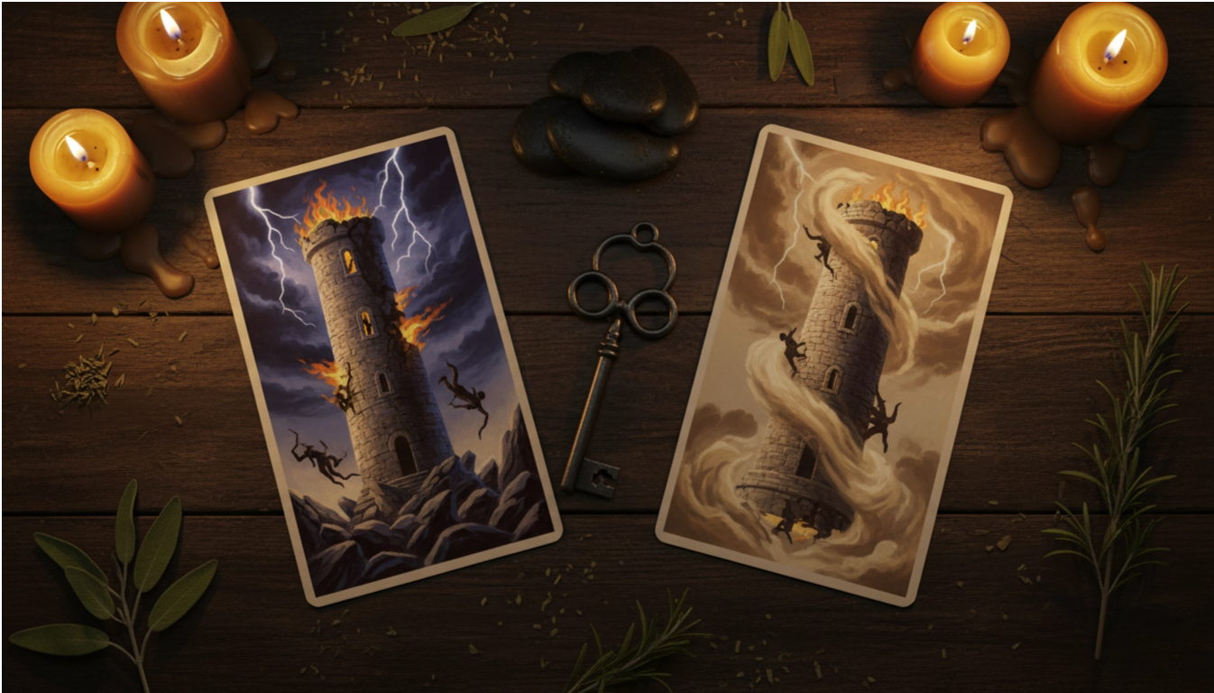 Толкование перевернутой карты Башня в Таро в сравнении с прямым положением.