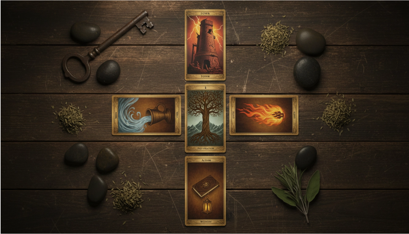 Расклад Таро Фундамент и Молния с картой Башня для анализа устойчивости сфер жизни.