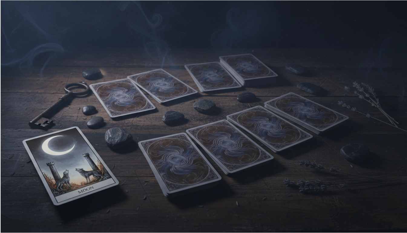 Расклад Таро Тропа между башнями с картой Луна для исследования подсознания и поиска ясности.
