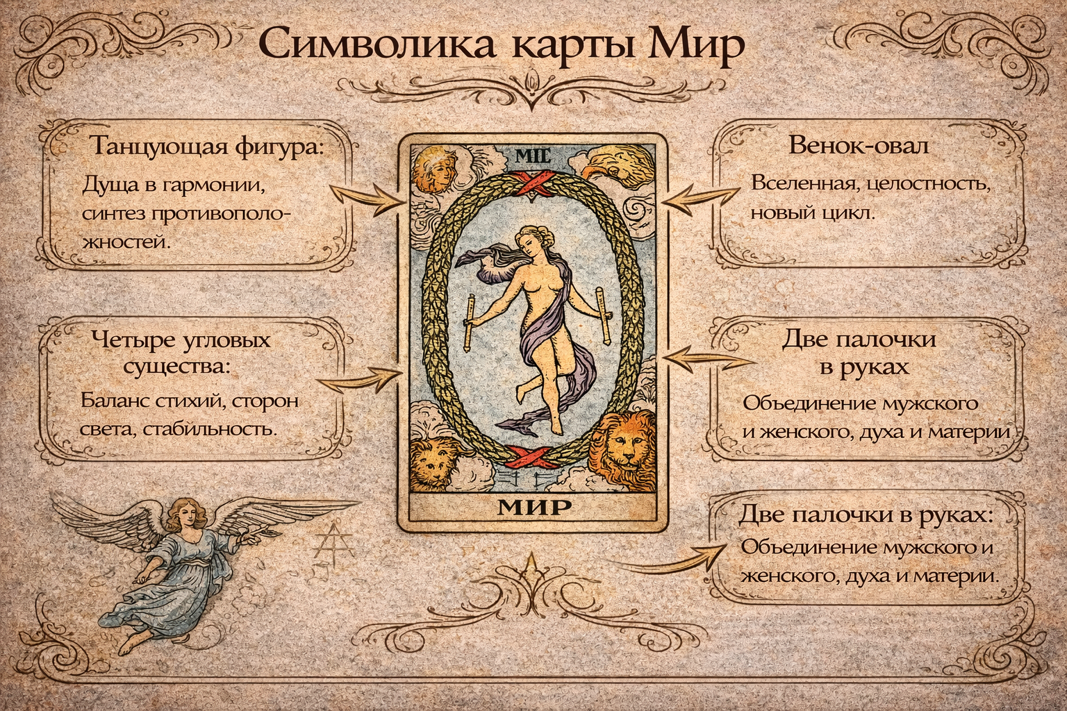 Символика и прямое значение карты Таро Мир: толкование танцующей фигуры, венка и знаков гармонии.