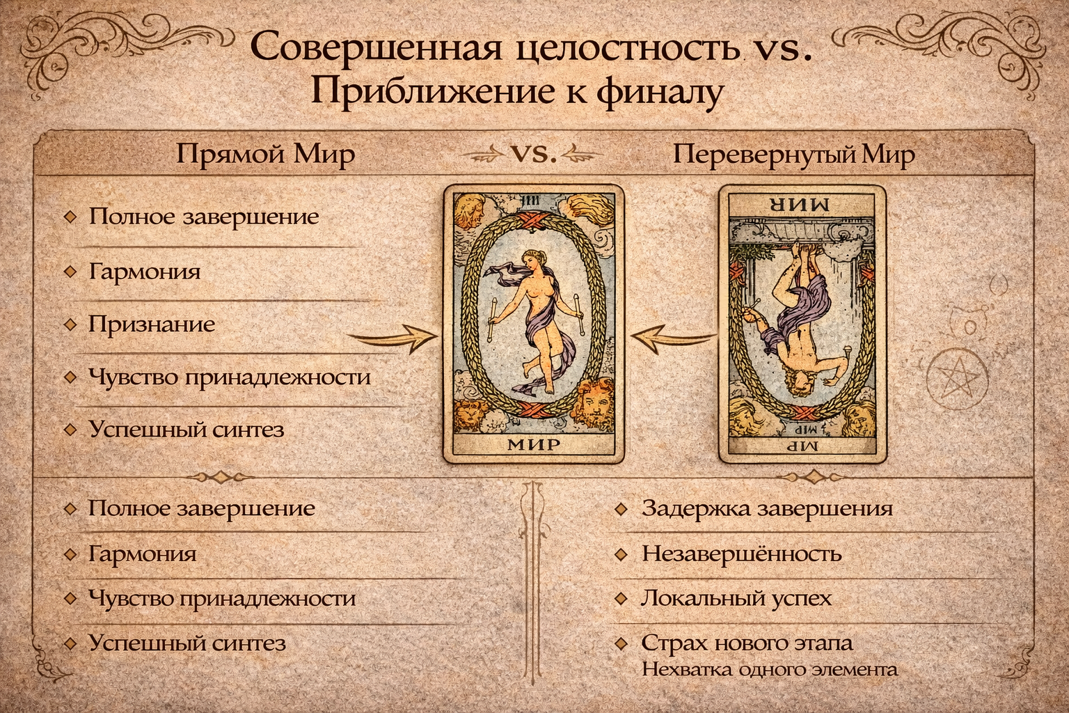 Толкование перевернутой карты Мир в Таро в сравнении с прямым положением.