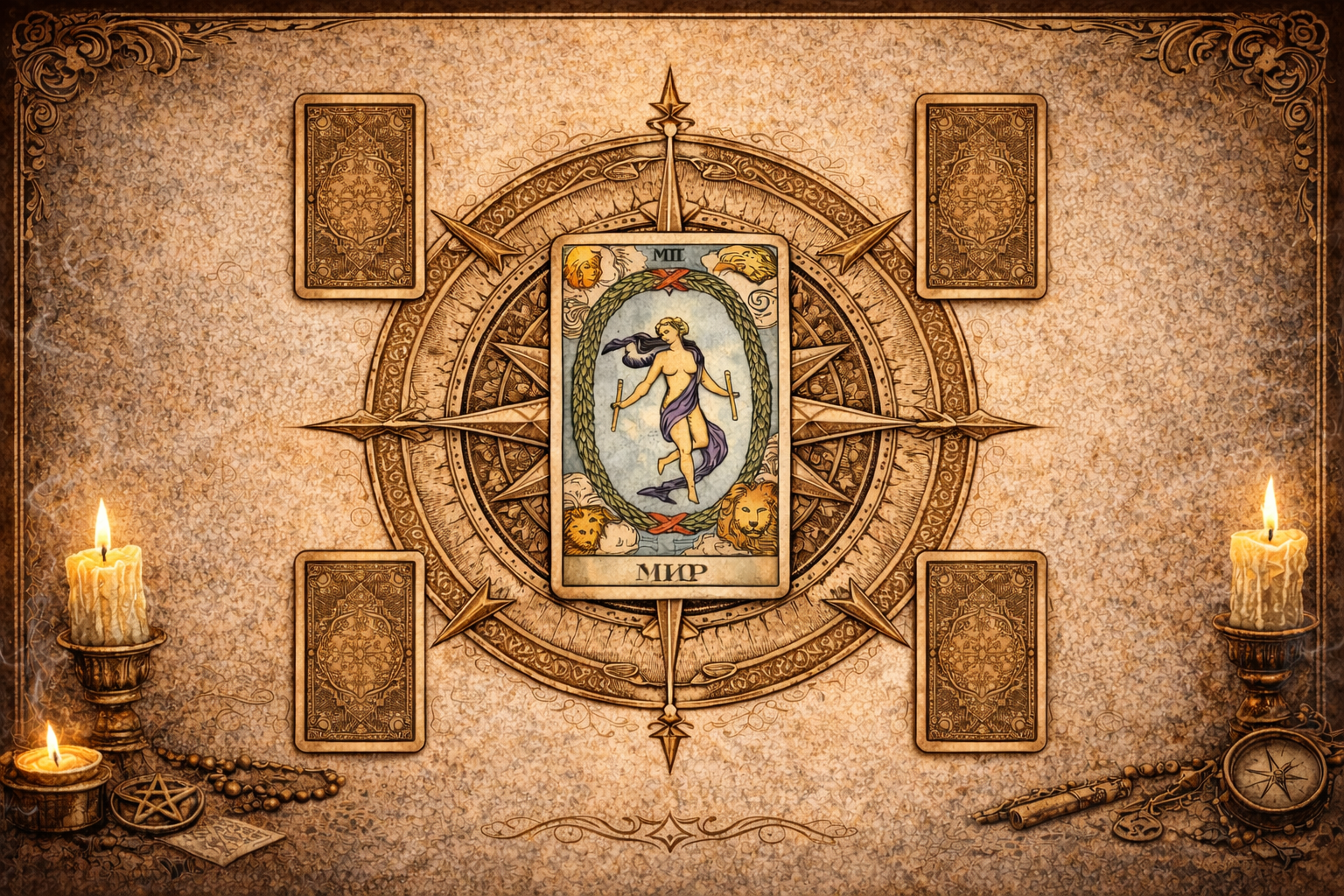 Расклад Таро Мандала Целостности с картой Мир для оценки баланса и гармонии в жизни.