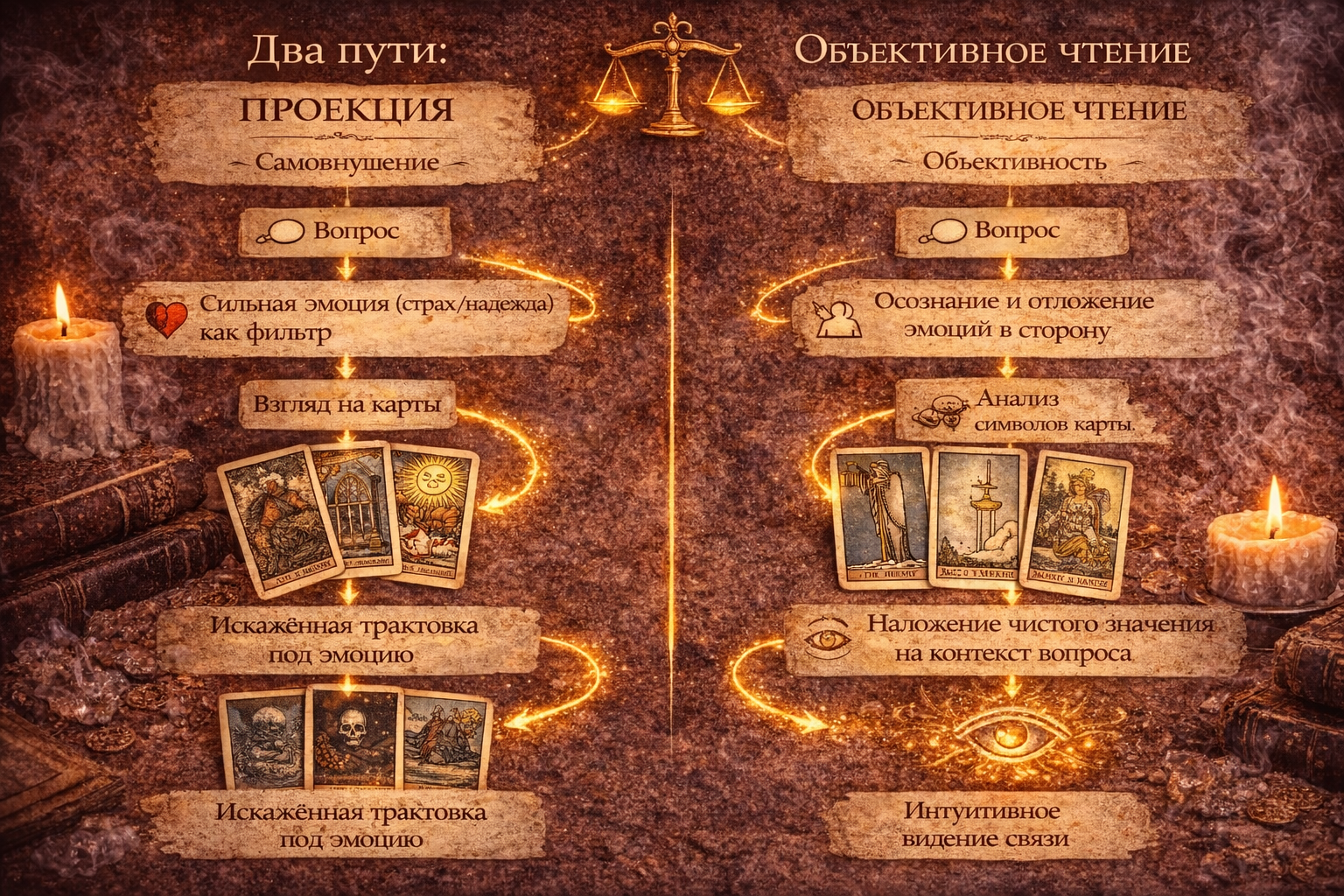 как трактовать карты таро в раскладах объективно, схема отличия самовнушения от интуиции.