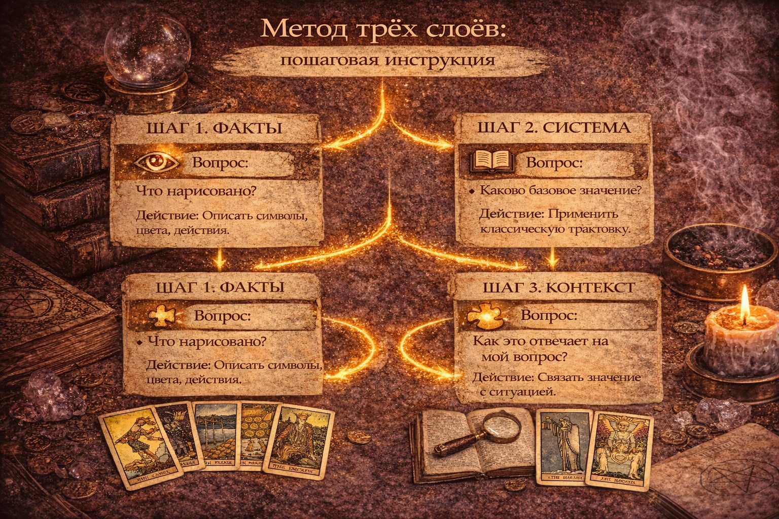 метод трех слоев для объективной трактовки карт таро в раскладах, инструкция.