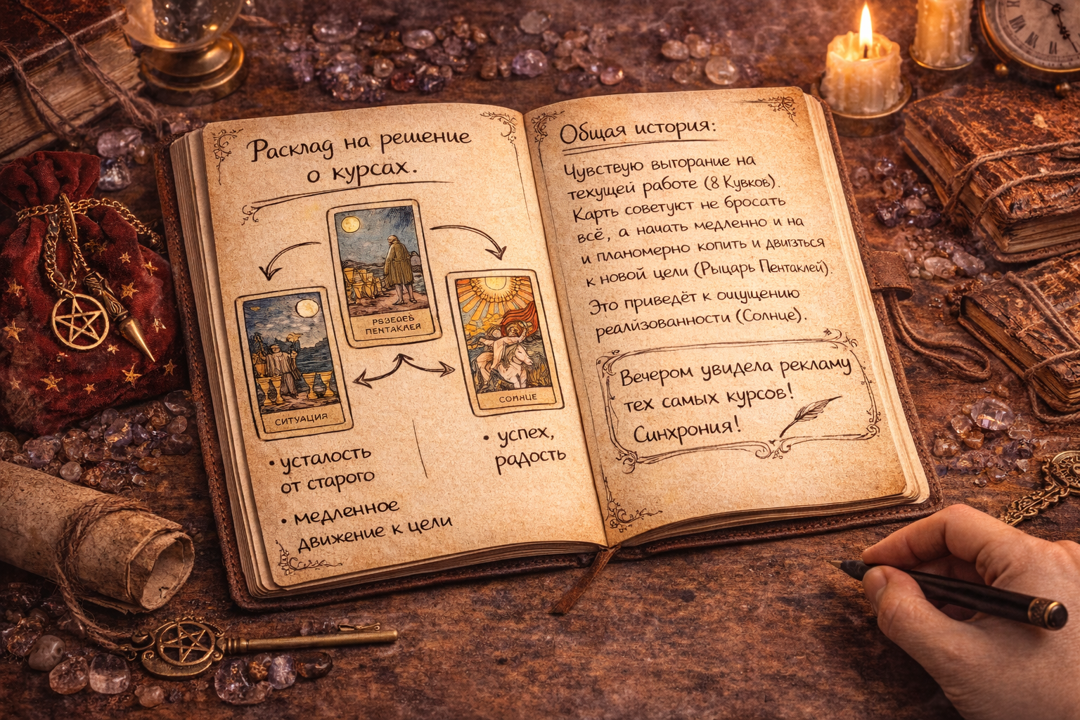 пример как вести дневник таро - образец разворота рабочей тетради таролога.