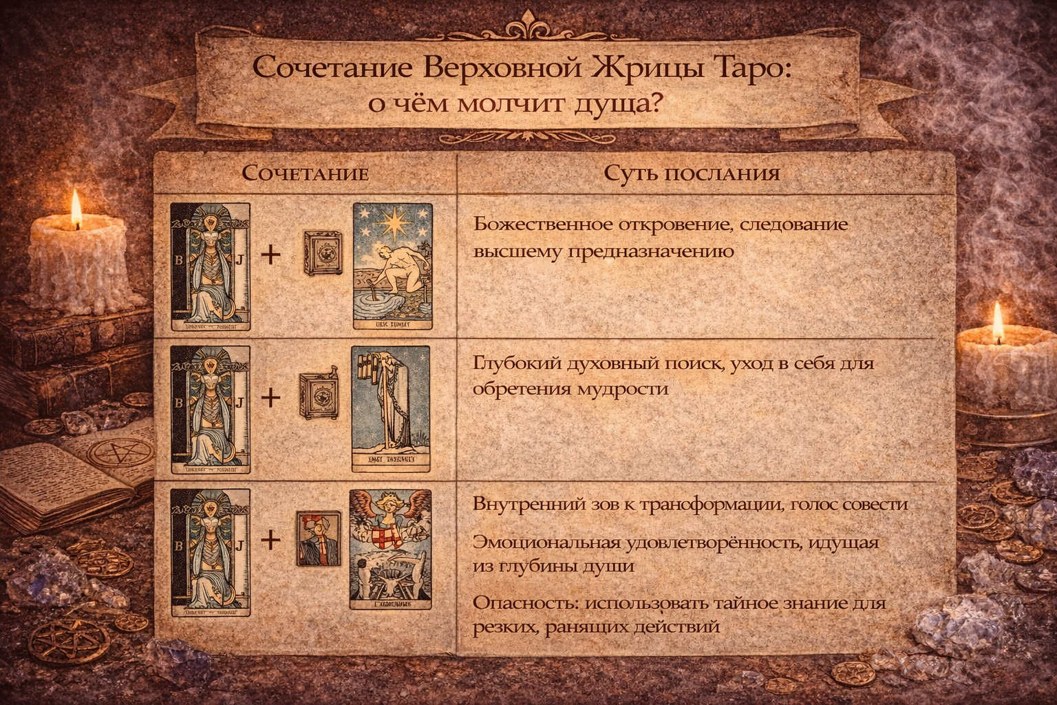 Таблица сочетаний карты Верховная Жрица в Таро с другими арканами: толкование интуиции и тайны.