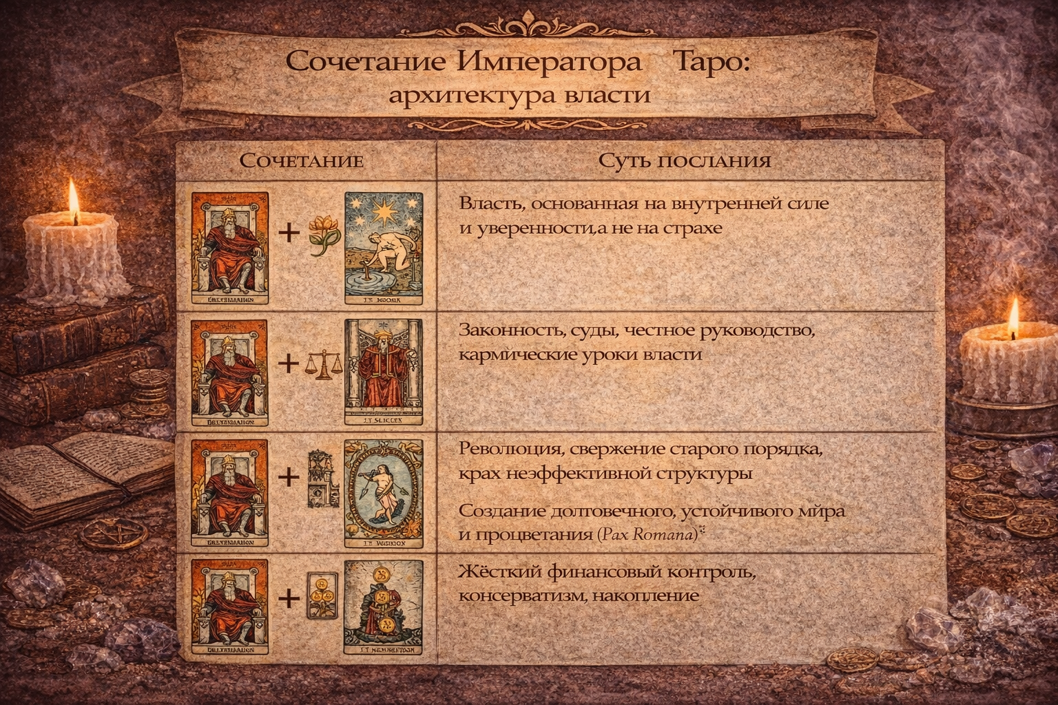Таблица сочетаний карты Император в Таро с другими арканами: толкование власти и структуры.