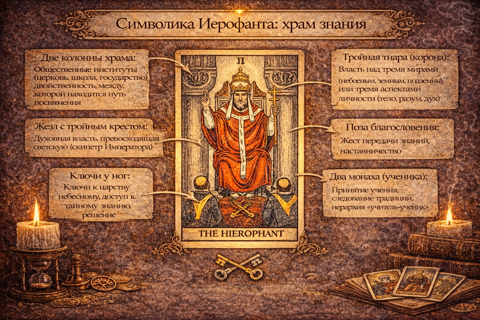 Символика и детали карты Иерофант (Верховный жрец) в Таро: значение атрибутов духовной власти.